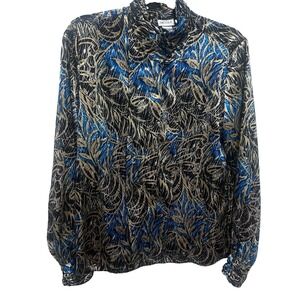 Vintage Nicola Stand Collar Front Pleats Vibrant Metallic Leaf Print Size 8